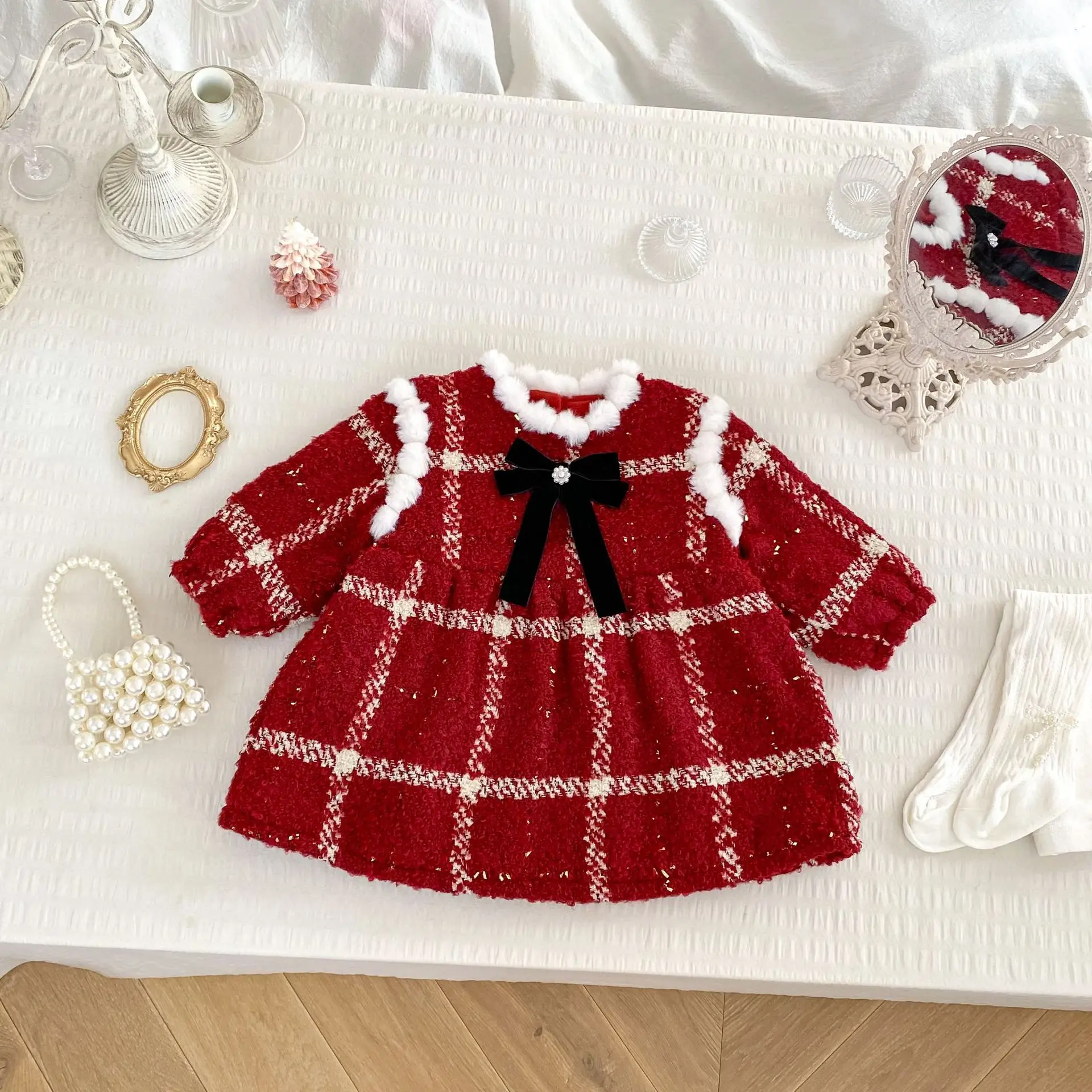 

Baby Girl Christmas Princess Dress 2025 Winter New Girls Sweet Bow Fleece Dress Children Long Sleeve Dress Plus Velvet Thick