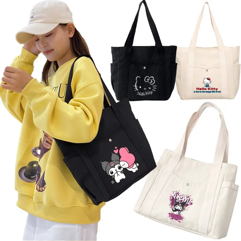 Hello Kitty Canvas Shoulder Bag Kuromi Fashion Tote High Capacity Casual Print Anime Handbag Ladies Reusable Shopper Tote Bags