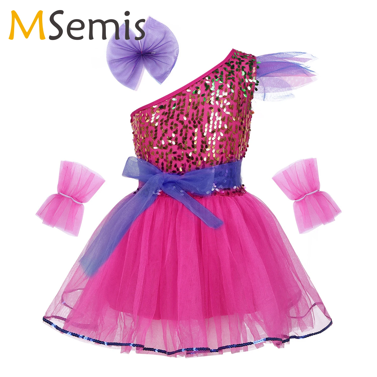 Kids Girls Ballet Jazz Dance Dress One-Shoulder Sequins Modern Contemporary Lyrical Dance Costume with Hairclip Wristband Belt