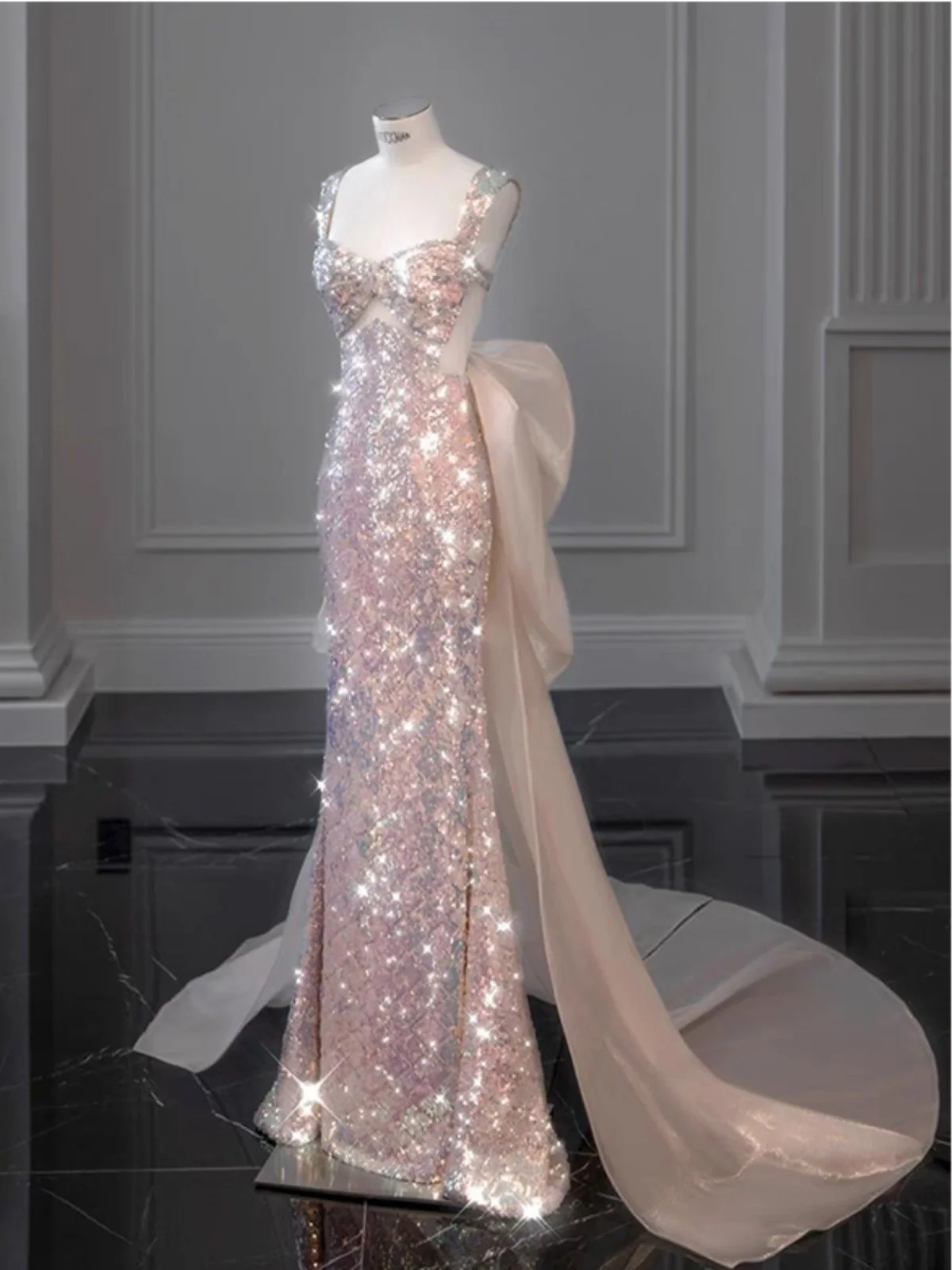 Sexy funkelnde rosa Hochzeit Dr. Morgen Robe Geburtstag Par Performance Abendkleid Engel Hochzeit Dr Marke Faionable