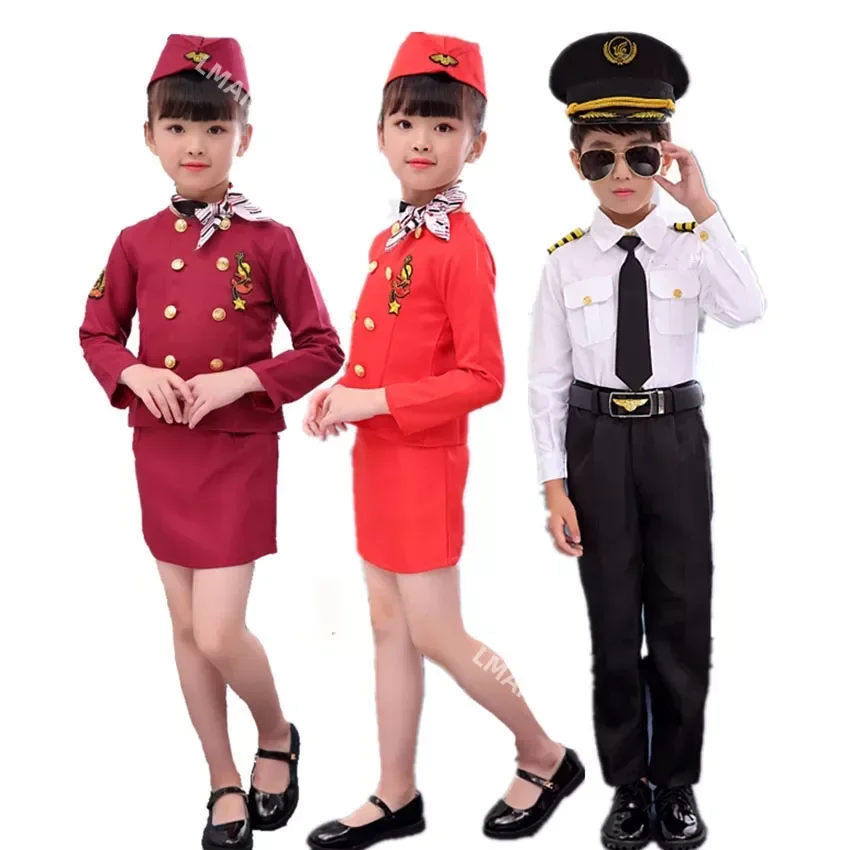Halloween Pilot Cosplay Costumes For Kids Boys Birthday Gift Girls Flight Attendant Fancy Dress Military Performance Uniform image 3