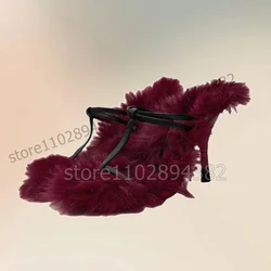 Burgandy Fur Decor Hollow Design Strappy Slippers Slip On Women Shoes Thin High Heels Fashion Banquet 2023 Zapatos Para Mujere