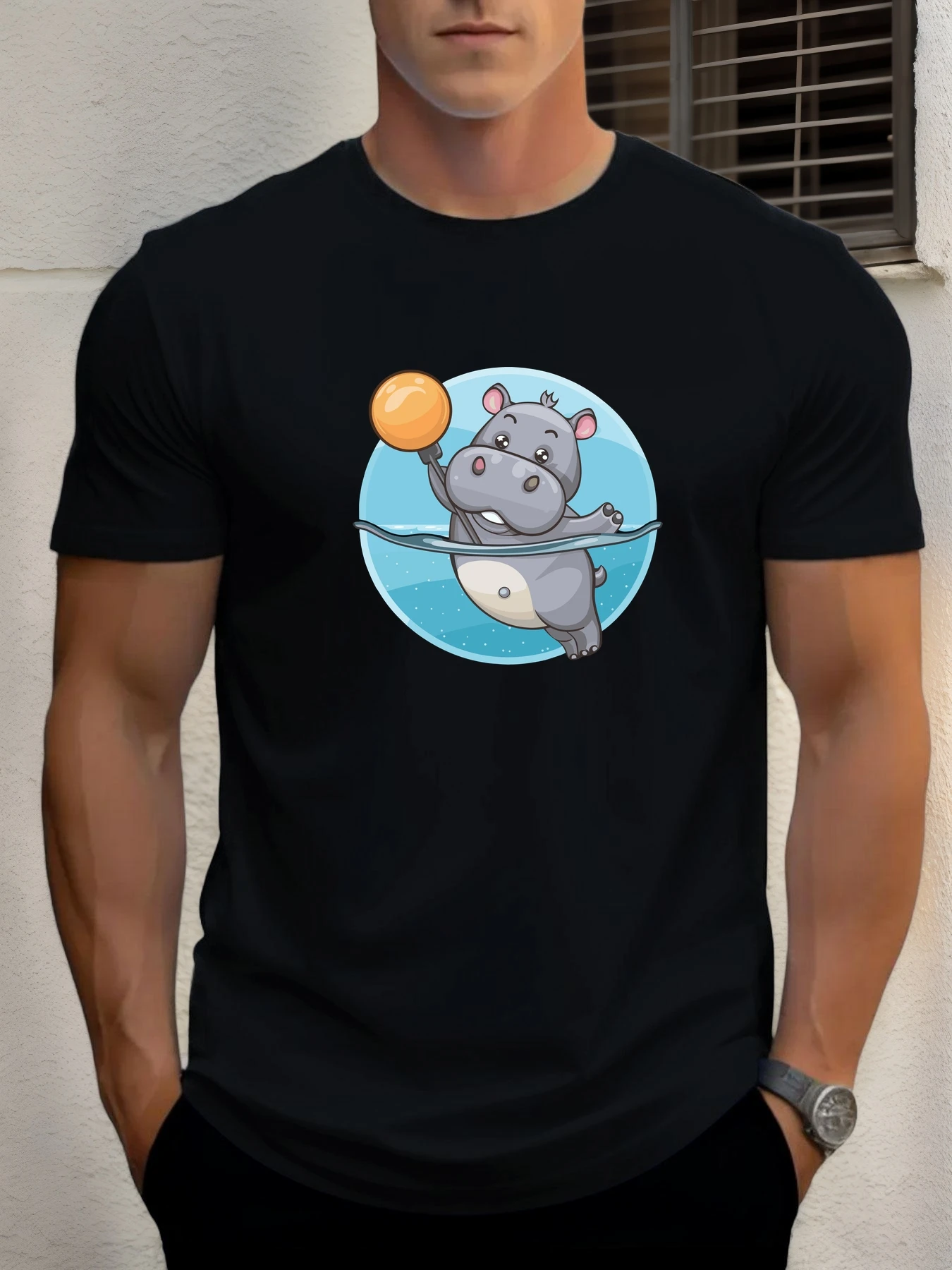 

T Shirt For Men Hippo Play Ball 100% Cotton Graphic Printing Summer Round Neck T-Shirt Casual Breathable Street Style Daily Top