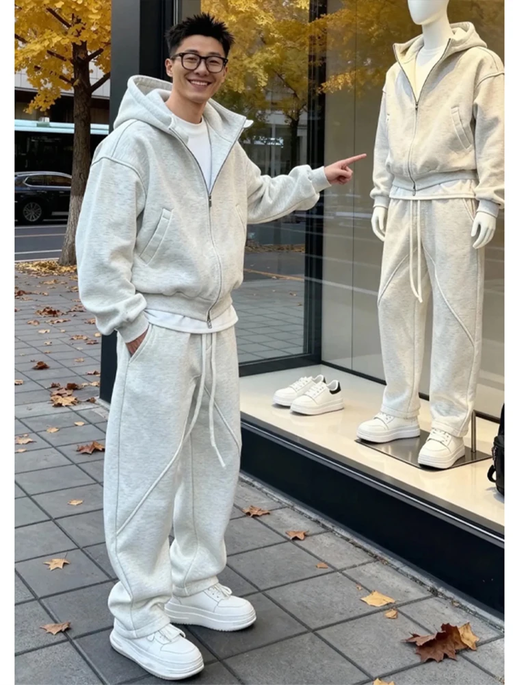 

Крутой мужской комплект спортивной одежды Haome, тяжелый открытый кардиган, толстовка, брюки, комплект из двух предметов, осенне-зимние длинные брюки све