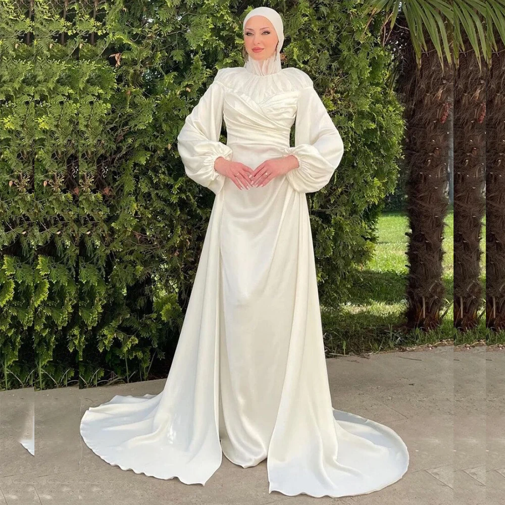 Luxury Muslim White Evening Dress Long Sleeve High Neck Chapel Train Wedding Dresses For Elegant Women Pelat Satin Formal Gown