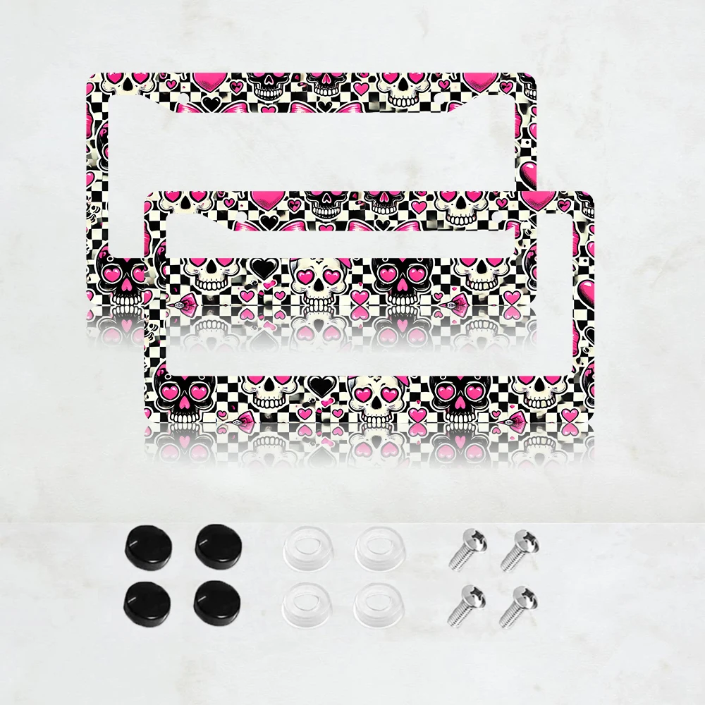 

Рамка для номерного знака (2 шт.), розовая, с милым черепом, держатель для номерных знаков, рамки для автомобильных номеров с 2 отверстиями и винтами