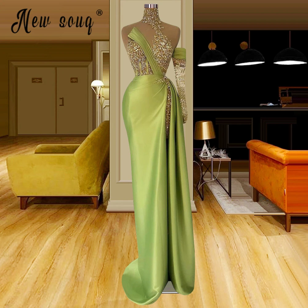 

Mint Green Off Shoulder Heavy Beaded Evening Dress Women Mermaid Party Gowns High Slit Prom Dresses Robe De Mariée Customized