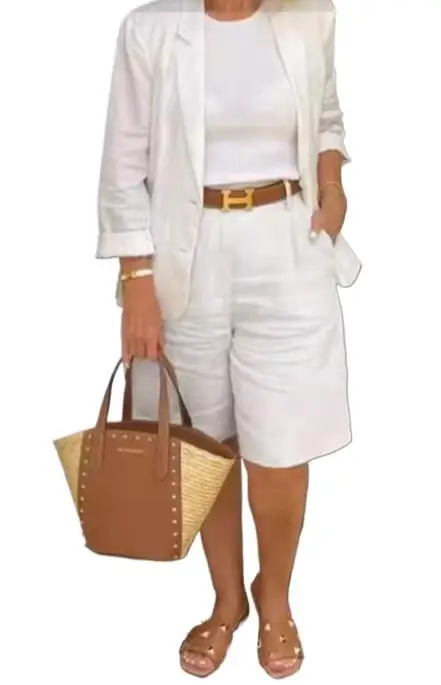 

2025 New Fashion Button Shirt + Shorts Two-piece Sets Women Summer Casual Loose Solid Color Top Shorts Set For Women