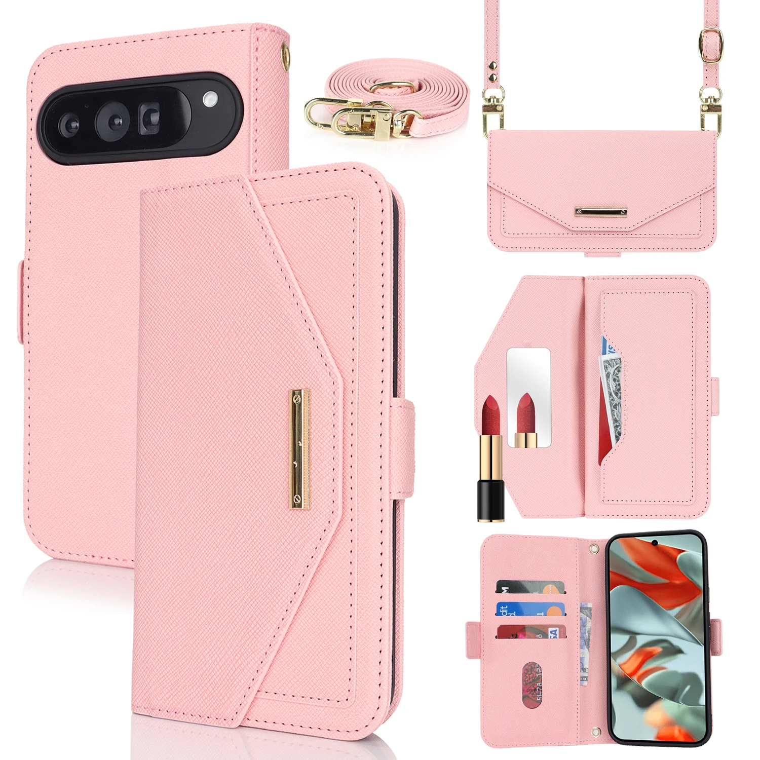 

Кожаный чехол-кошелек для Google Pixel 9 Pro XL 8 8A 6A 7 7A с длинным ремешком и книгой, флип-зеркало для макияжа, чехол