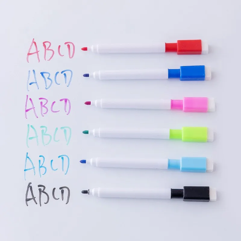 6pcs Brush Whiteboard Marker Pens Board Dry-Erase Pen With Eraser Markers Writing Water Color Stationery Supplies (No Magnetic)