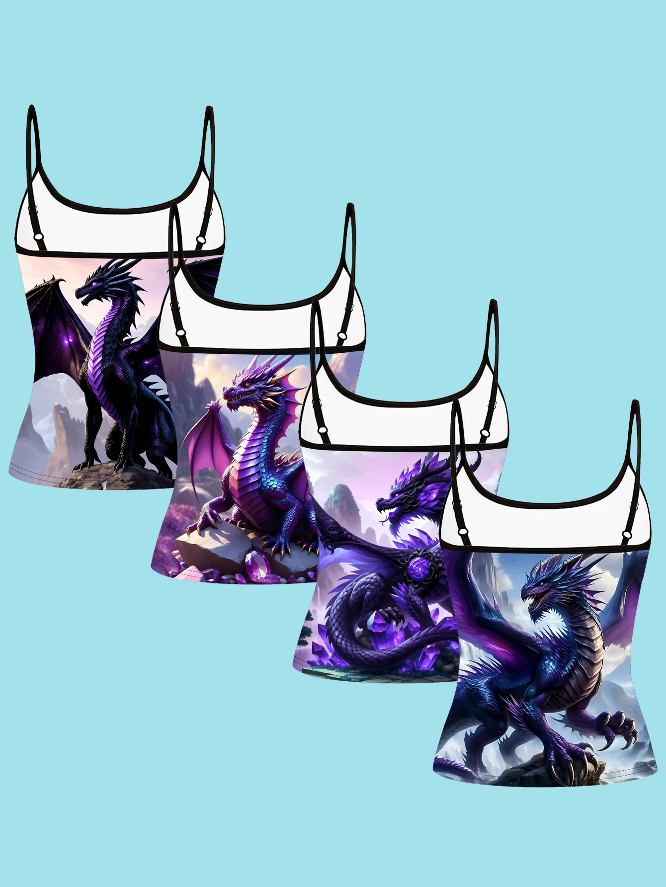 4-Piece Set of Amethyst Dragon Print Camisoles, Fantasy Gemstone Purple Dragon Mountain Scenery Spaghetti Strap Sleeveless Tops, Magical Fantasy Style Slim Fit Inner and Outer Wear Vest Set