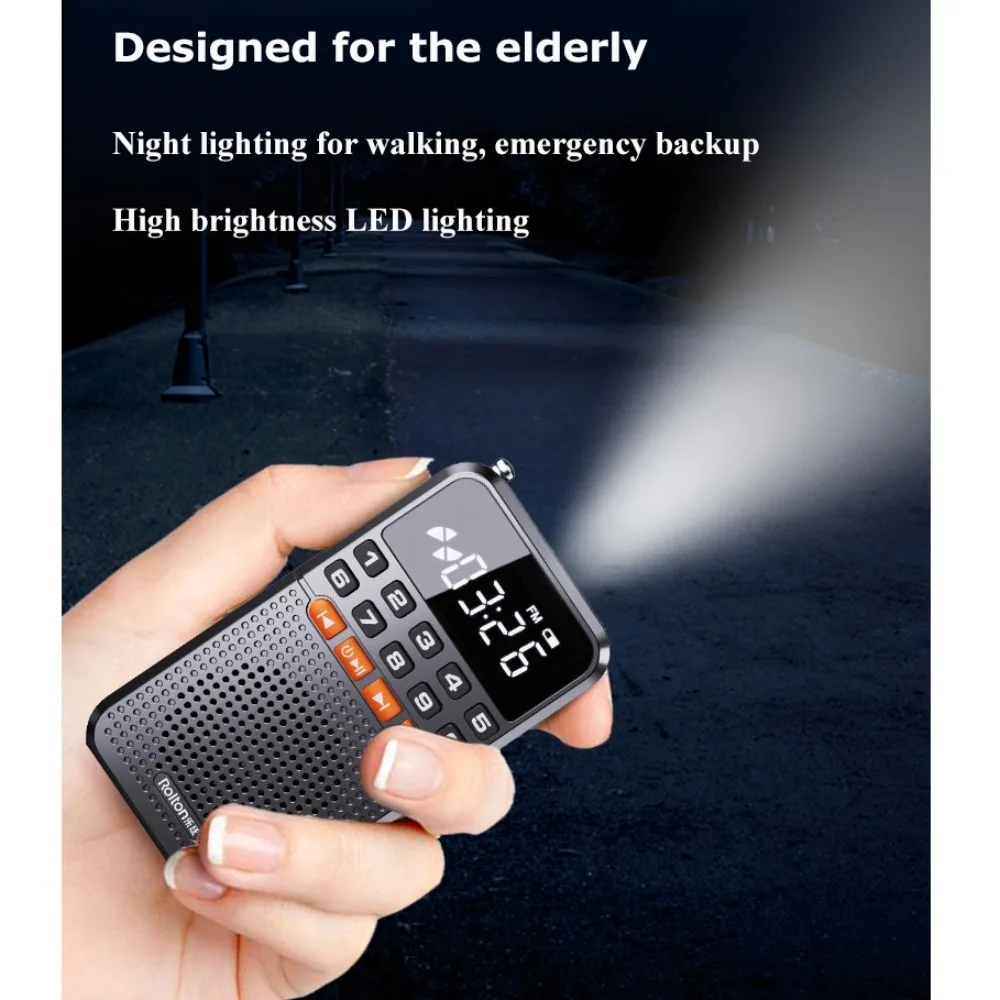 AM/FM Mini Bluetooth Speaker LED Flashlight Portable Radio Pocket Radio Receiver Walkman Black TF Card Music Player Go Hiking