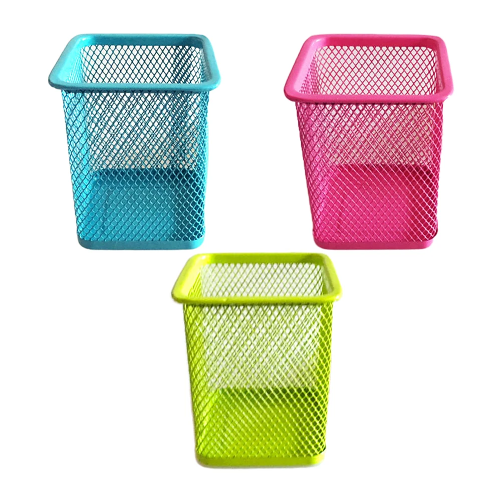 

3pcs Colored Pen Bucket Metal Stationery Holder Desk Organizer Pencil Container School Office Supplies Mesh Design Long Use Gift