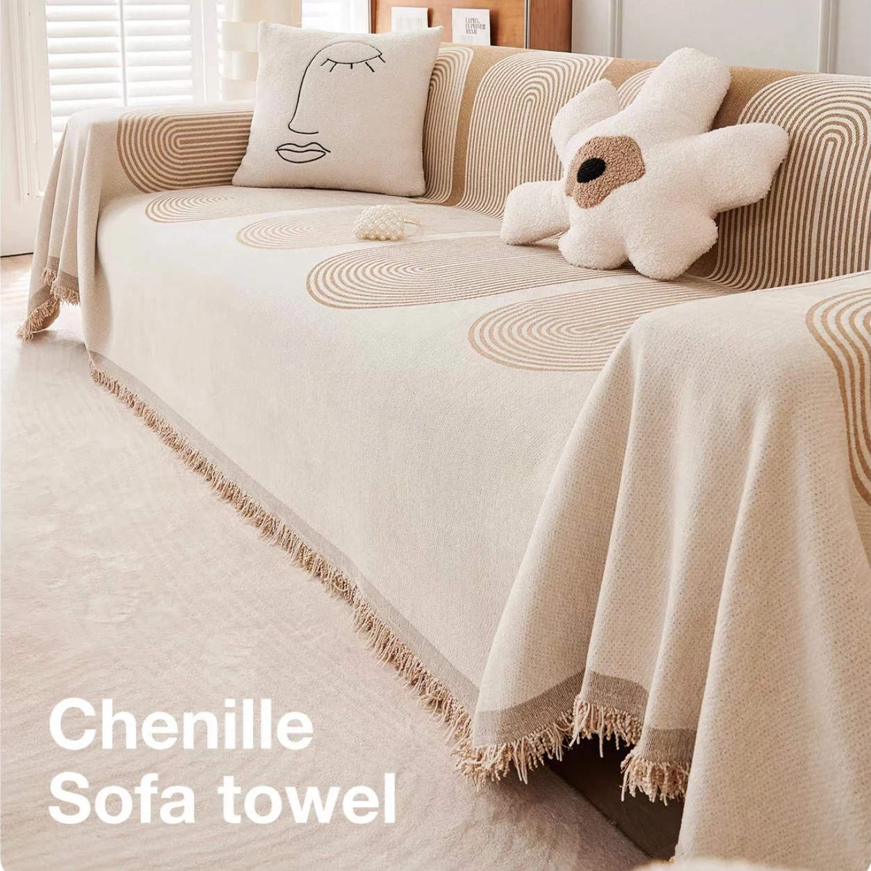 1pc Simplized Geometric Arch Lines Jacquard Sofa Towel with Tassels, Double Sided Thick Multiple Use Sofa Blanket Leisure Towel