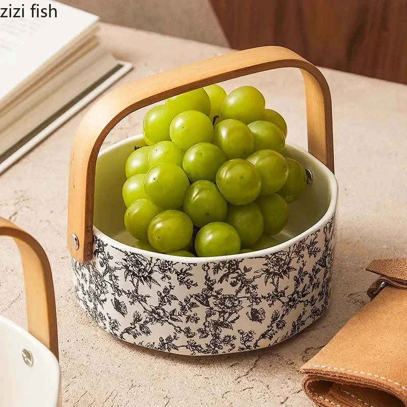 Creative Bamboo and Wood Handle Straight Edge Fruit Plate Retro Dried Fruit Plate Bread Snack Plate Specialty Ceramic Tableware