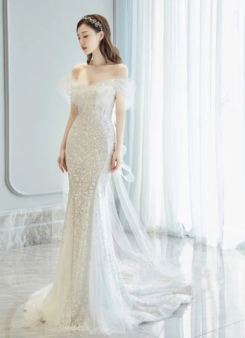 Vestidos de novia de cola de pez de lujo 2025, nuevo estilo, vestido de novia de hadas con lentejuelas de un solo hombro, vestido de noche