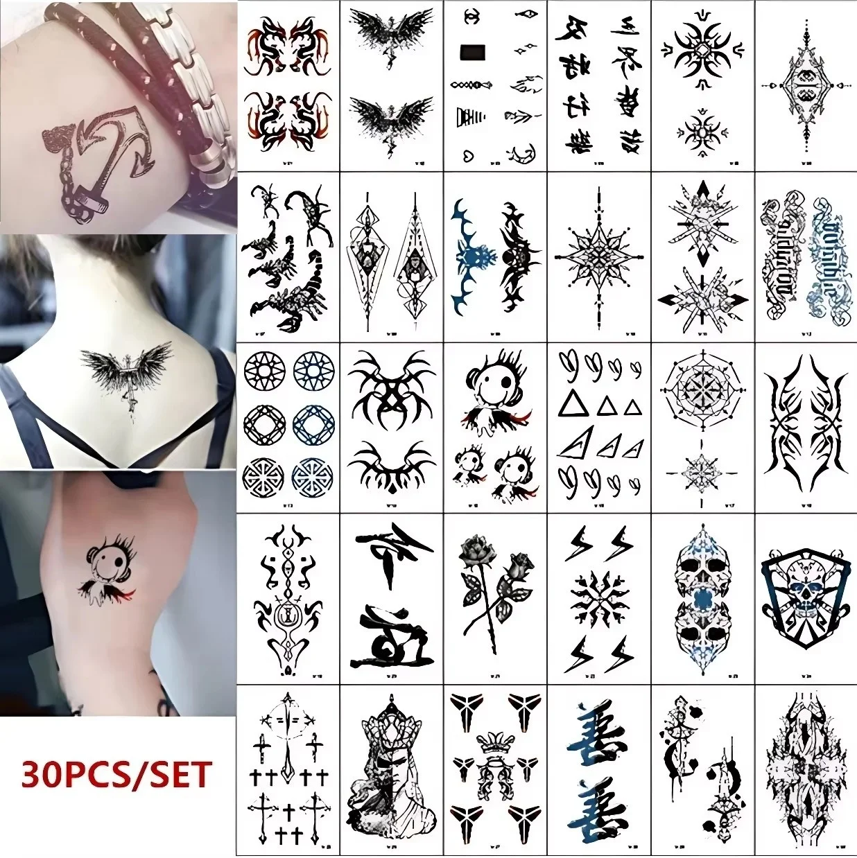 30pcs/lot Waterproof Transfer Tattoo Devil Geometry Eagle Totem Temporary Tattoo for Men Adults Clavicle tatuagem temporaria