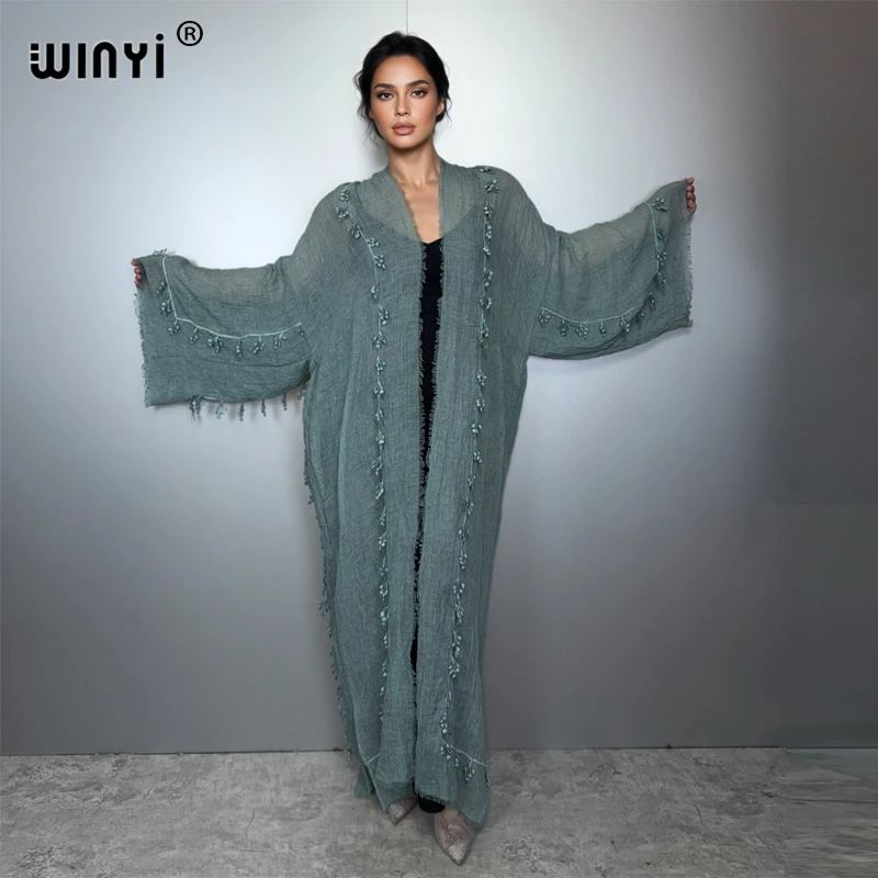 

WINYI kimono kaftan beachwear boho cardigan evening dress abaya dubai luxury cover-ups beach outfits women long down maxi dress