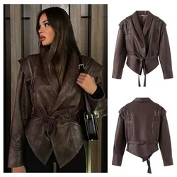 PB&ZA2024 autumn new women's clothing fashion temperament slim fit decoration casual versatile short leather jacket