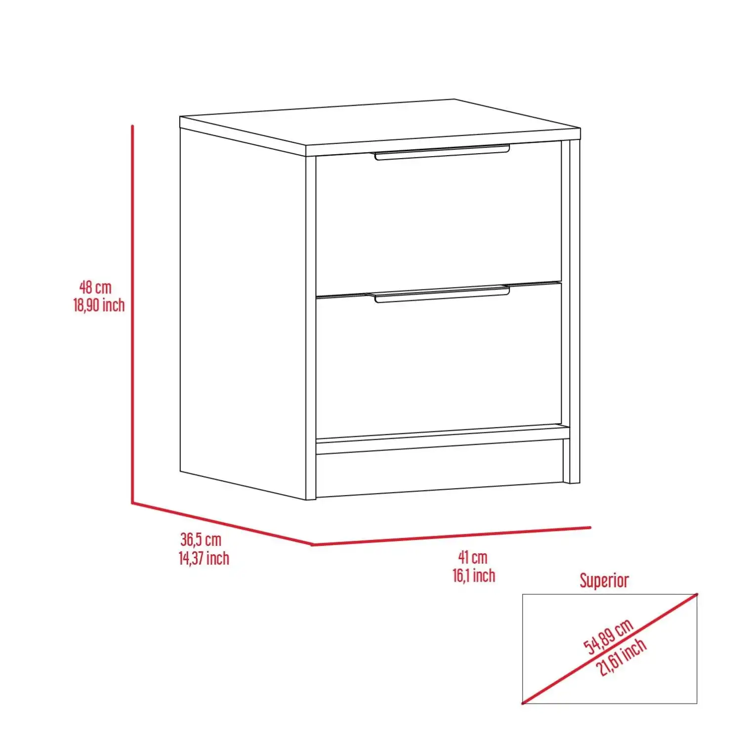 Kaia Nightstand, Two Drawers, Metal Handle Smokey Oak / White