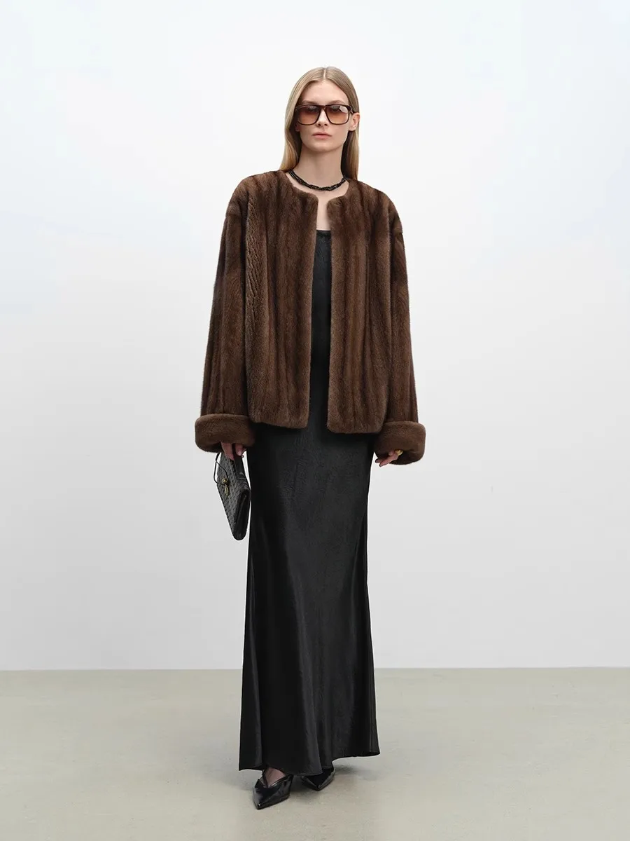 Lautaro Autumn Winter Short Luxury Elegant Thick Warm Soft Brown Faux Mink Fur Coat Women Long Sleeve Modern Chic Fluffy Jacket