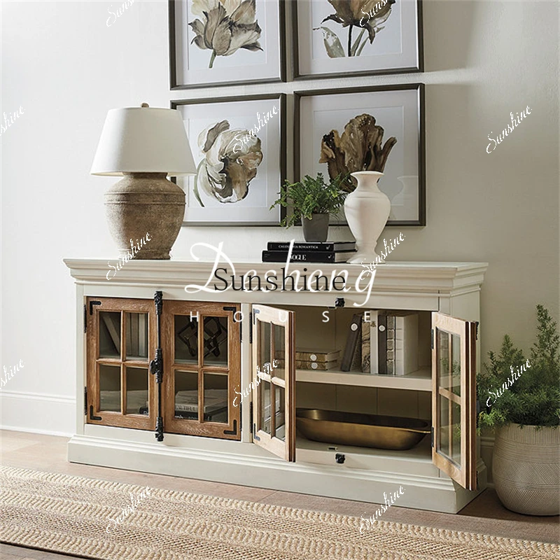 American retro solid wood dining side cabinet floor-to-ceiling Nordic fashion simple white glass wine display TV FT