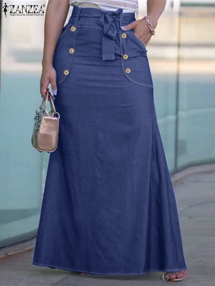 ZANZEA Women High Waist Overskirts Autumn Fashion Denim Blue Long Skirt Jupes Elegant Bodycon Sundress Casual Solid Faldas Saia