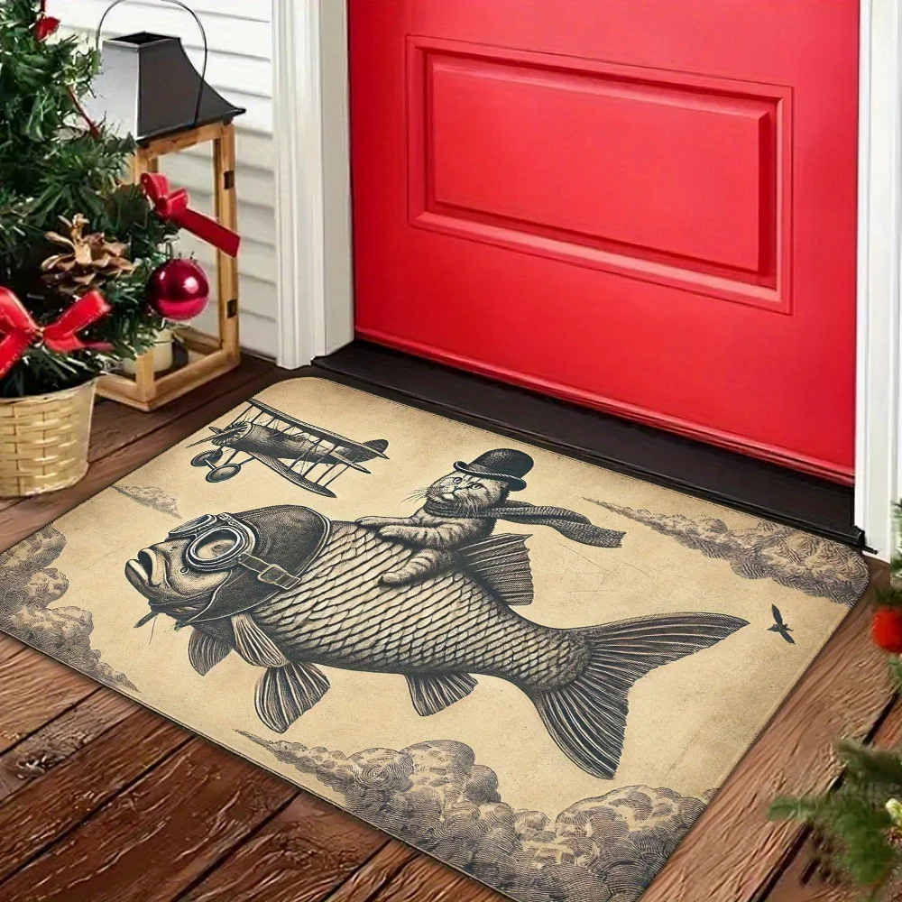 VIKAMA القط المحارب ركوب الأسماك الكبيرة السجاد مهيب سجادة باب ترحيب حصيرة لينة سجادة غرفة معيشة البساط لغرفة النوم ديكور المنزل #4
