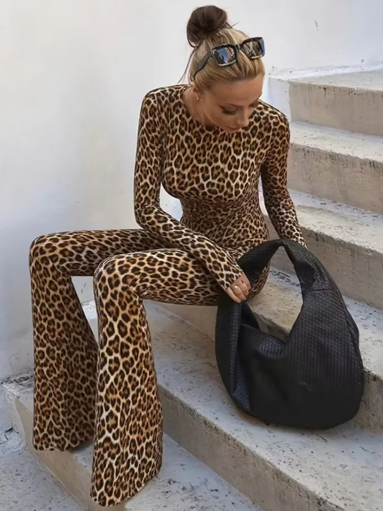 

Женский комбинезон Sibybo с леопардовым принтом, открытой спиной, круглым вырезом, длинными рукавами, высокой эластичностью, облегающий, для вечеринок, весна 2026