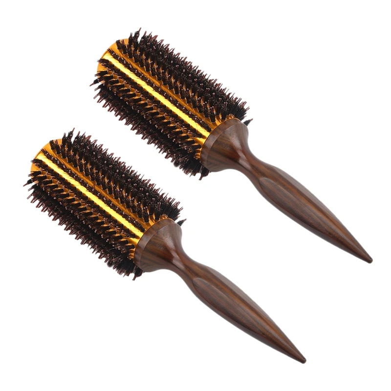 

2X Straight Twill Hair Comb Natural Boar Bristle Rolling Brush Round Barrel Blowing Curling