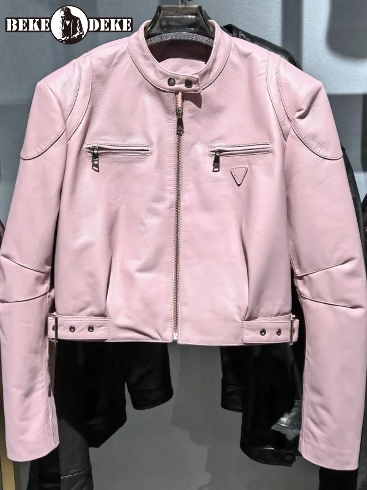 خريف جديد إمرأة الوردي الوقوف طوق جلد الغنم سترة جلدية حقيقية نمط قصير يندبروف دراجة نارية السائق معطف فضفاض صالح سترة