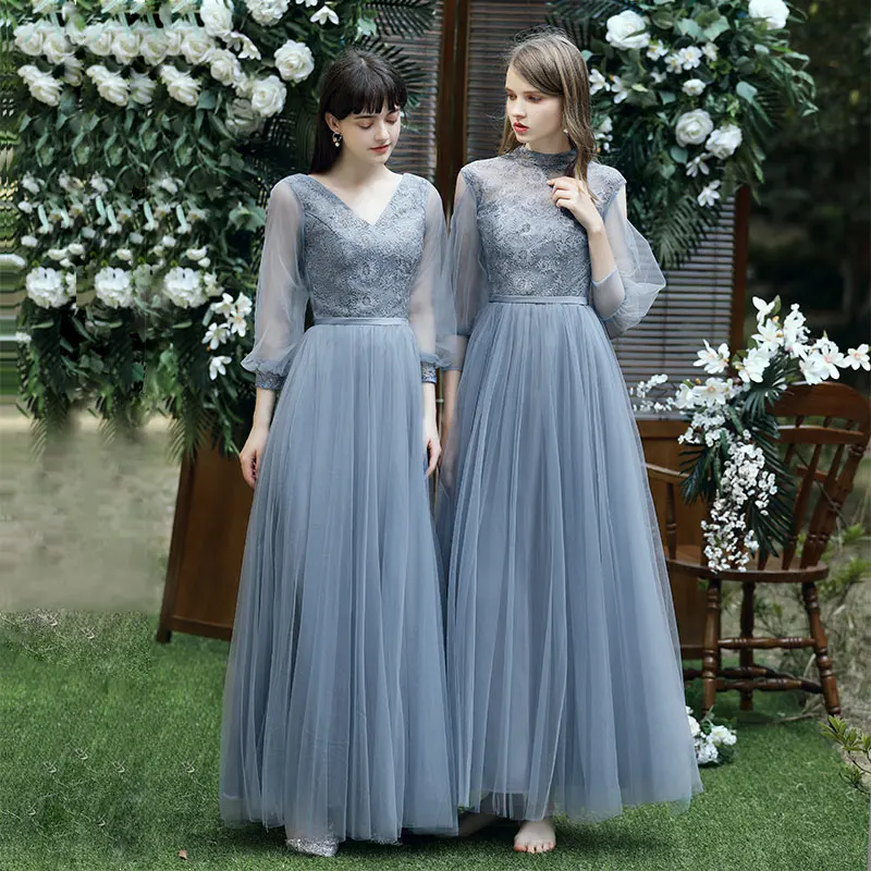 Reject Return J108 Blue Bridesmaid Dresses 2024 New Long Sleeve Long Sisterhood Women Dresses For Party And Wedding