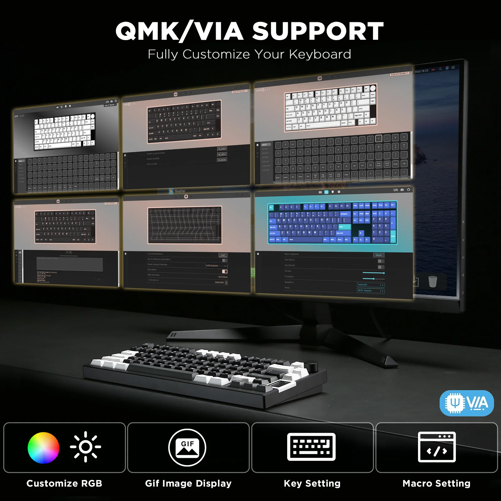 YUNZII AL80 Black Mechanical Keyboard, Hot Swap Wireless QMK/VIA Aluminum Gaming Keyboard with Smart LCD Display&Functional Knob