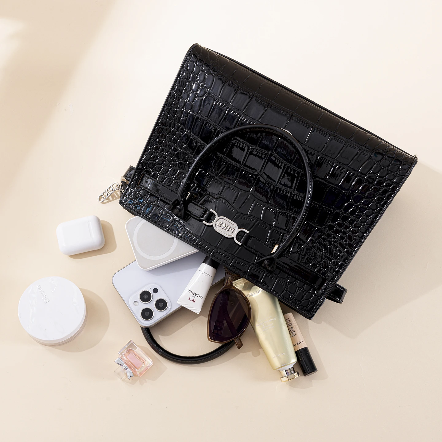 Women Glossy Crocodile Textured Tote Handbag, Front Strap Metal Nameplate, Detachable Adjustable Strap, Convertible Crossbody Purse, Structured Business Commuter Shoulder Bag, 2 Colors Available