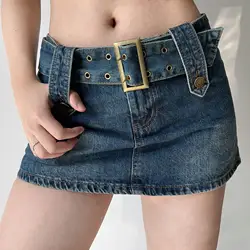 여성용 섹시한 미니 로우 라이즈 진 스커트 반바지, Kpop 슬림 블루 데님 스커트, 벨트 Y2k 스커트, 전자 소녀 패션, 여름
