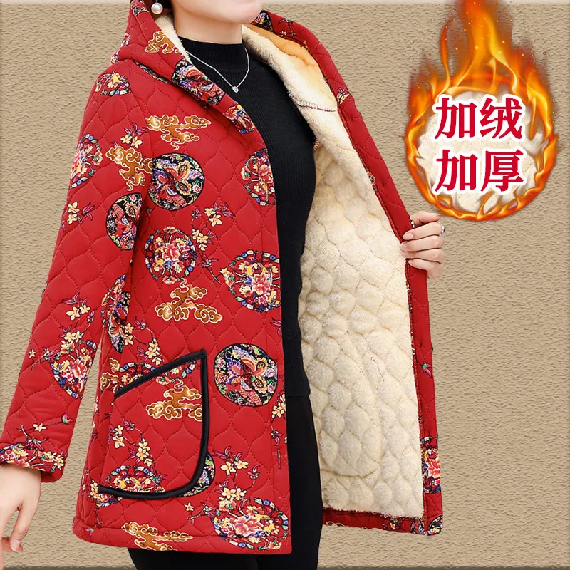 Winter jackets Plus Velvet Mother Clothing Flower Jacket Winter Lady Thick Warm Jacket coat