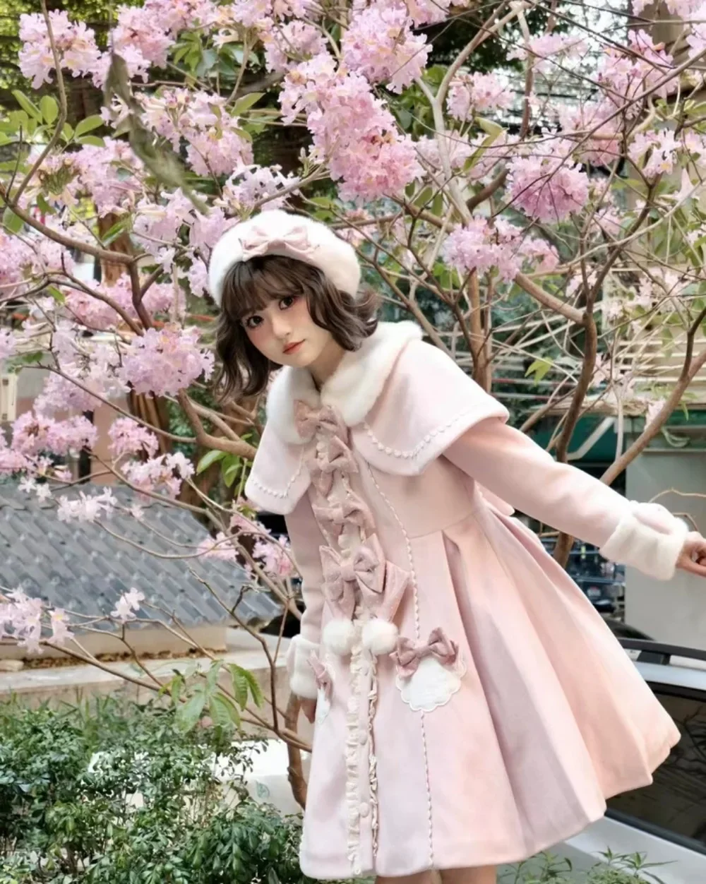 2026 الشتاء أنيقة حلوة لطيف فتاة لوليتا القوس منتصف طول معطف الصوف عالية الخصر التخسيس معطف طويل و كيب قطعتين مجموعة #6