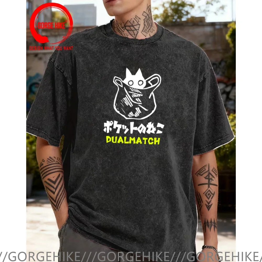 

Vintage Washed Cotton T-Shirt Funny Designer The Cat In The Bag PrintT Shirt Men Fashion Trendy Casual Clothing Stylish Tops Tee