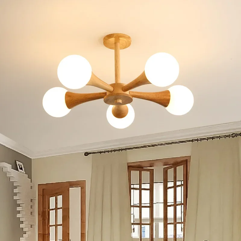 Janpanese Wabi-sabi Wooden Glass Muilt Bulbs Shaped LED Pendant Lights Art Indoor Lamps for Bedroom Home Decoration Chandeliers
