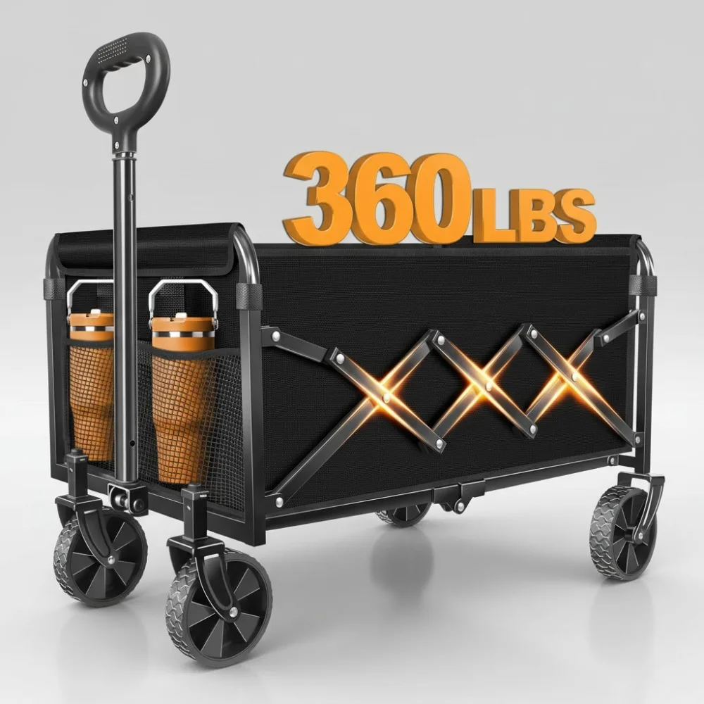 

Foldable Collapsible Wagon Cart with Wheels - Heavy Duty 360lbs Capacity Portable Utility for Camping Sports Shopping Travel