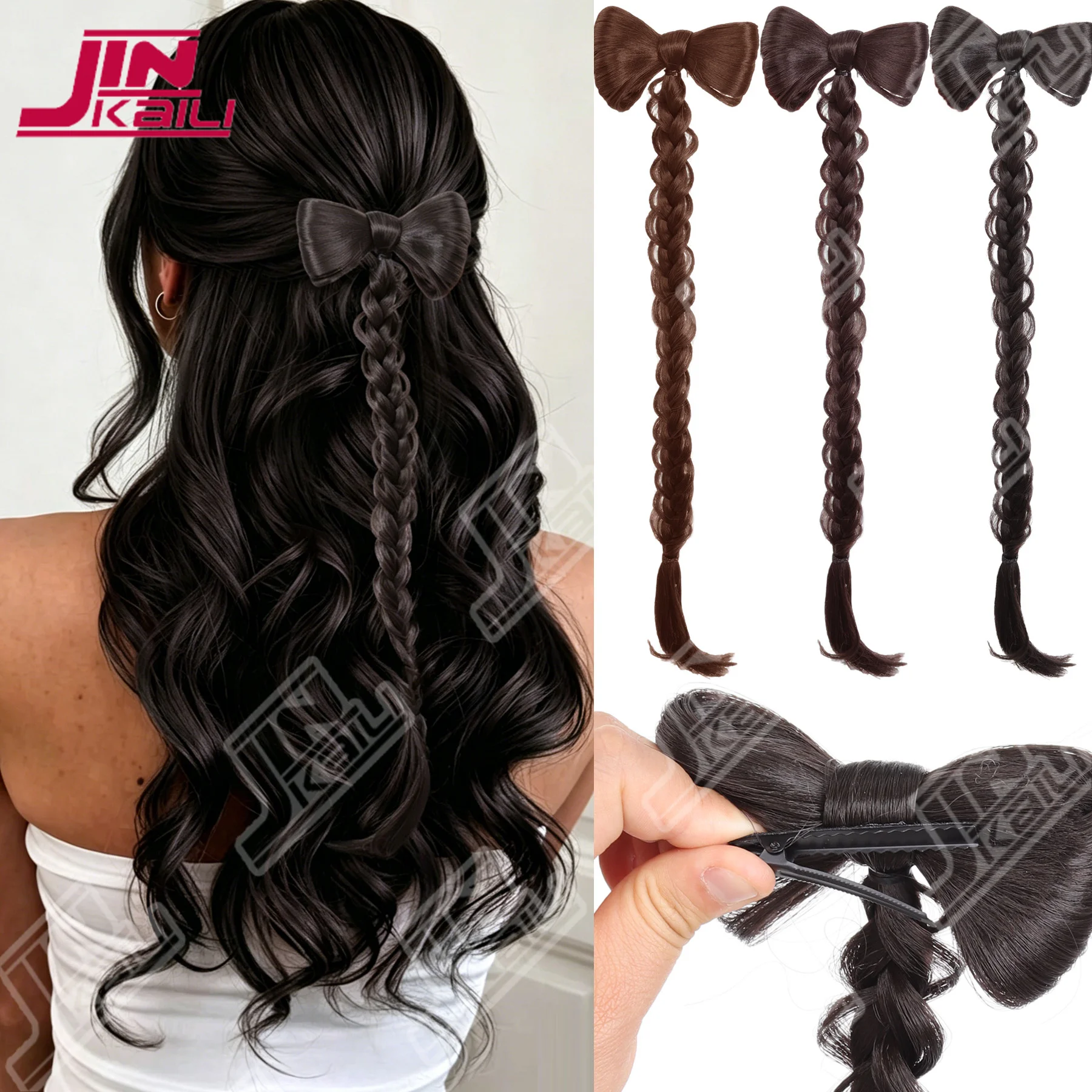 JKL 18 inch braided synthetic wig, braided wig with bow hair clip, elegant hair accessory, hairstyle decoration