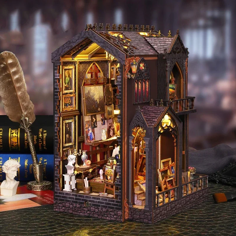 

Wonder Studio Book Nook DIY деревянная полка вставка комплект миниатюрных моделей наборы книжная полка со светом подставка для книг для друзей подарки на день рождения