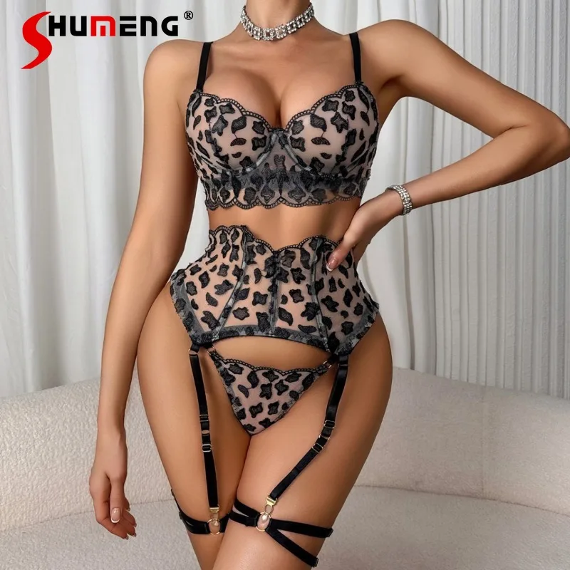 

Charming Lingerie Set for Women Sexy Thin Style Pure Desire See Through Bra Suits Female Leopard Print Sexy Underwear Outfits