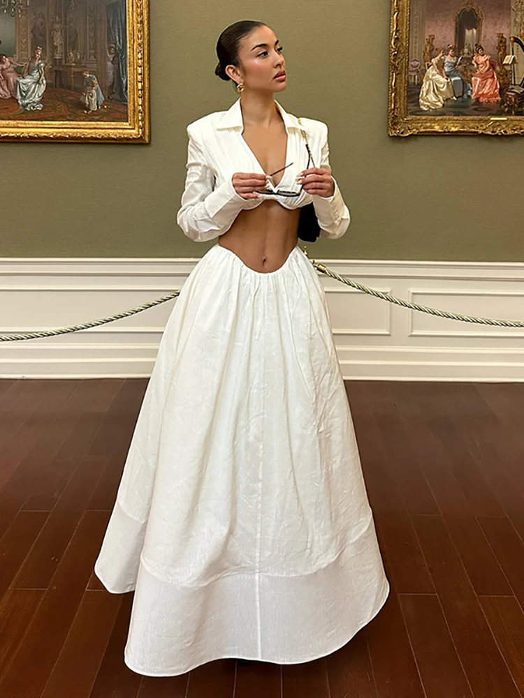 Женские белые юбки, комплект из двух предметов, сексуальный топ с v-образным вырезом и длинными рукавами + длинные юбки трапециевидной формы, костюмы для вечеринок, вечерние коктейльные комплекты