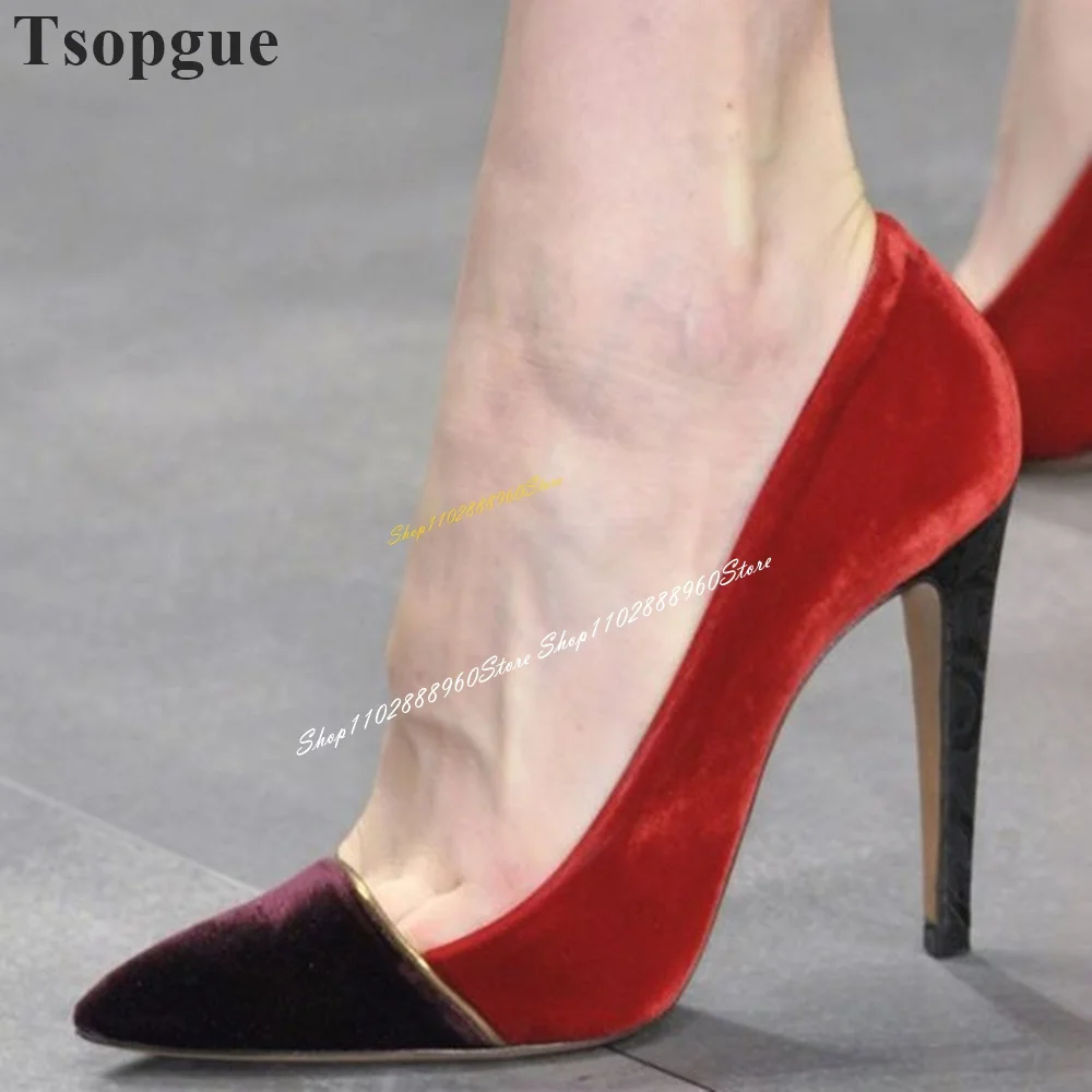 

Mixed Color Shallow Splicing Flock Pumps Thin High Heel Shoes For Women Slip On Pointed Toe 2024 Fashion Zapatos Para Mujere