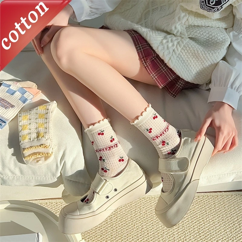 

Комплект из 5 пар женских носков, японские завитые кавайные вишневые милые универсальные сетчатые дышащие хлопковые носки JK Lolita для девочек