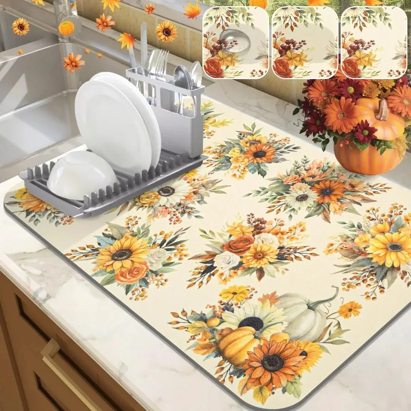 Flower Dish Drying Mat for Kitchen Counter Absorbent Mat with Pink Roses Petals Counter Top Coffee Maker Dining Room Home Decor