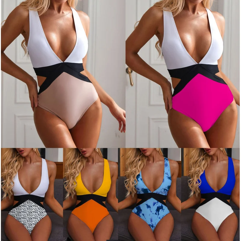 European and American Foreign Trade One-Piece Swimsuit Patchwork Strap Solid Color One-Piece Bikini 2097
