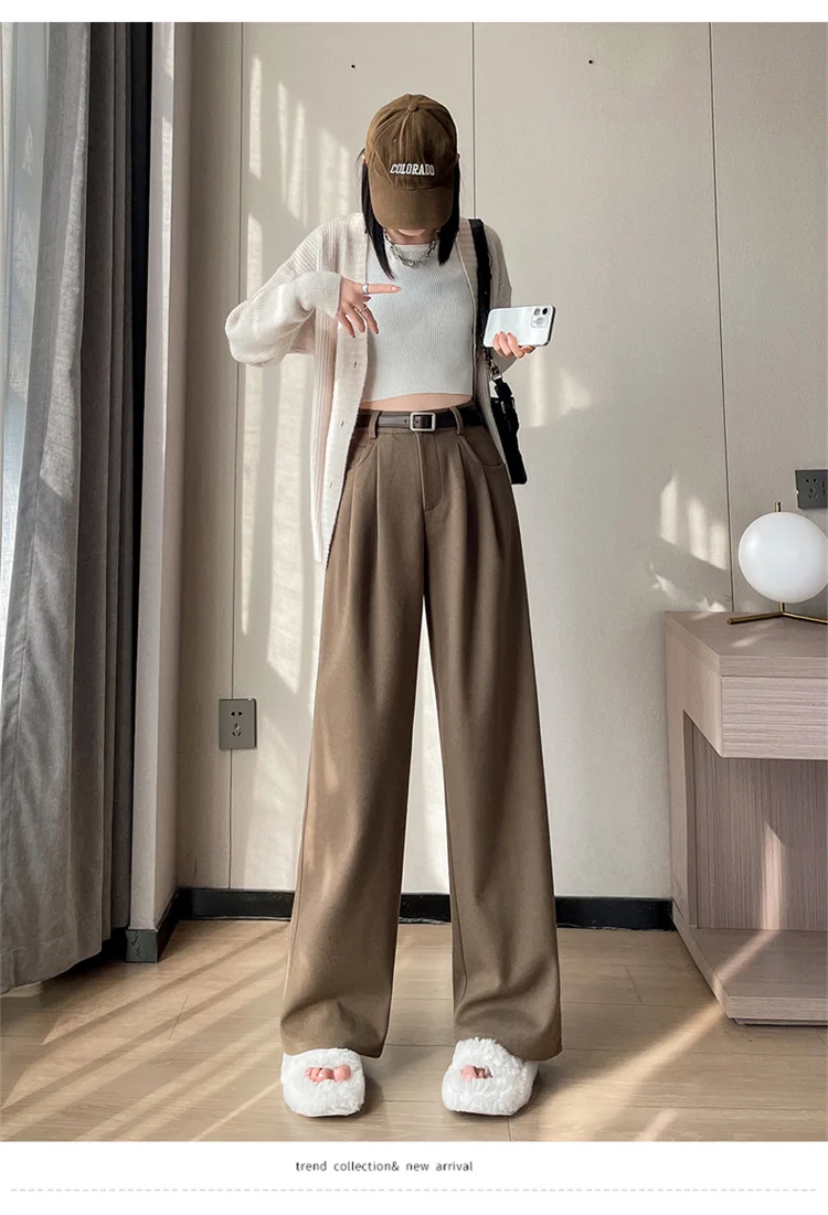 2023 Autumn and Winter New Wool Blended Wide-Leg Pants Straight Mopping Pants High Waist Slim Lengthened Casual Pants for Women
