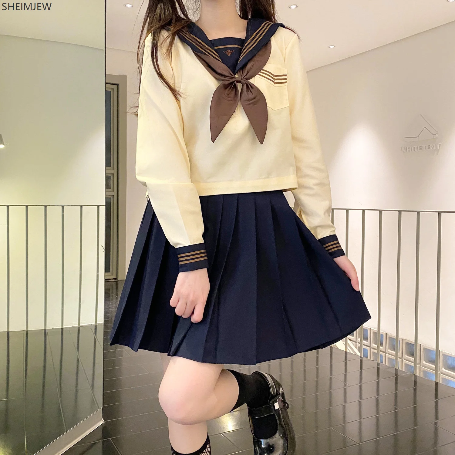 Japanese School Uniform Cute Girls Jk Suit Yellow Basic Sailor Suit Bow Tie Women's College Style High School Pleated Skirt Suit